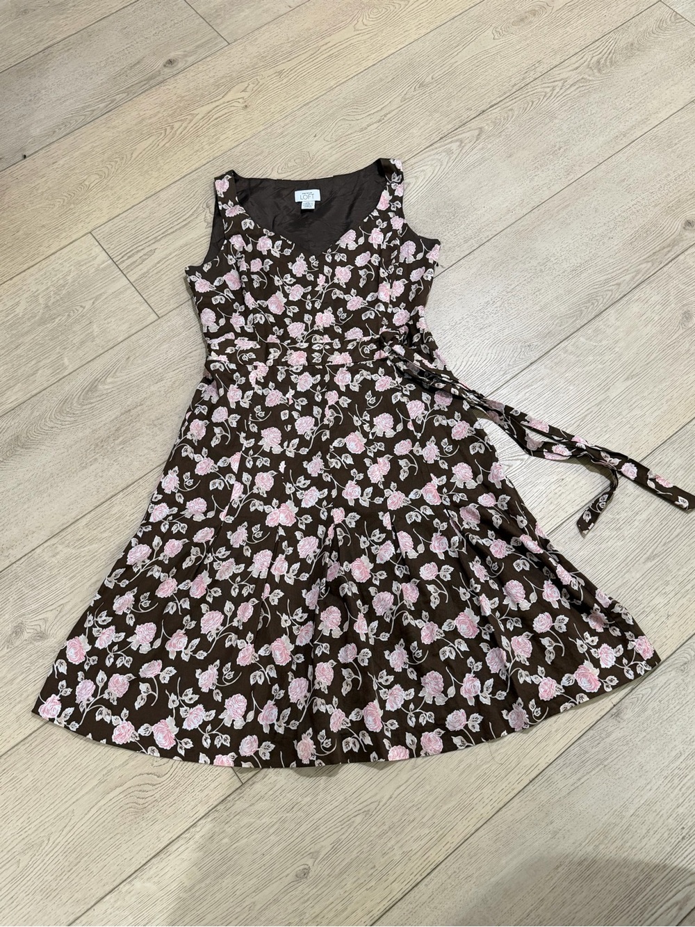 LOFT Brown Floral Wrap Dress with Pink Roses